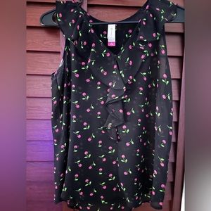Sleeveless, black & hot pink cherry, ruffle top